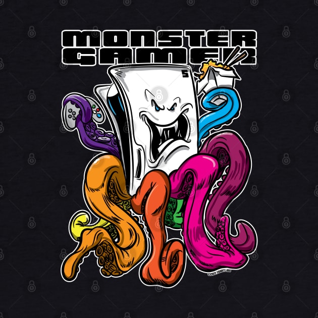 Monster Gamer Console with rainbow tentacles with take out Asian food container and chopsticks. by eShirtLabs